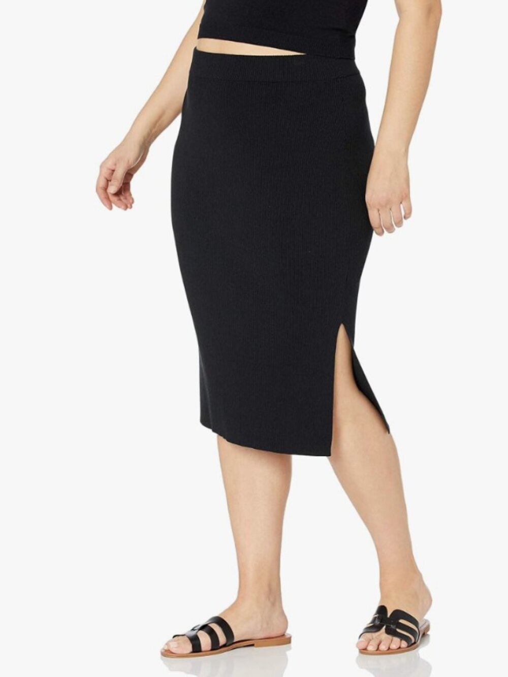 NWOT The Drop Women's Vera Slim Side-Slit Midi Sweater Skirt, Black, Large